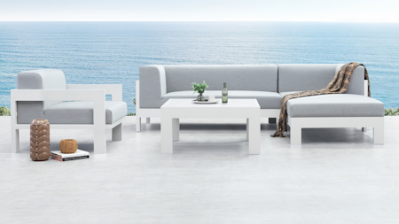 New Noosa White Outdoor Fabric Chaise Lounge With Armchair & Cof